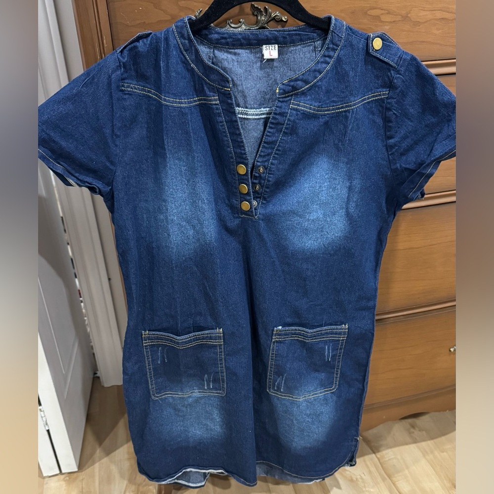 Casual Blue Denim Dress with Pockets